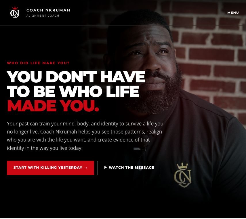 Coach Nkrumah homepage featuring Bamidele Nkrumah and his coaching message