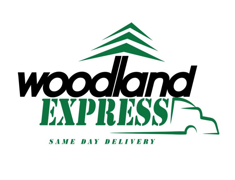 Woodland Express logo with green tree and delivery truck outline, designed by AMG